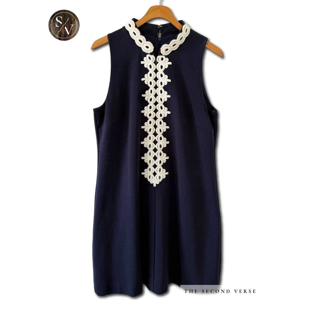 Lilly Pulitzer Calista Navy Dress With White Lace Accent Size Large - Picture 2 of 11